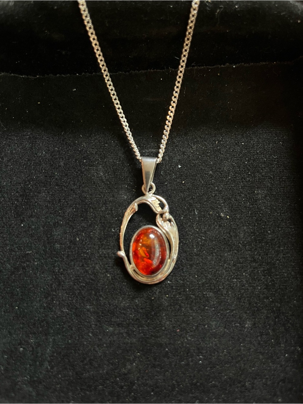 Sterling Silver Amber Oval Pendant Necklace - Orange Gemstone